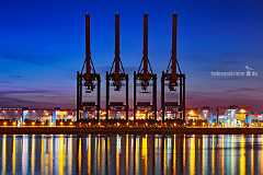 quattro Vier nebeneinander stehende Containerbrücken vor einem bunten Hintergrund mit einigen Portalkränen (DRMG) am Containerterminal Altenwerder zur blauen Stunde....